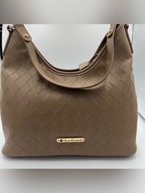 Gloria Vanderbilt Taupe Woven Shoulder Bag with Gold Logo Plate